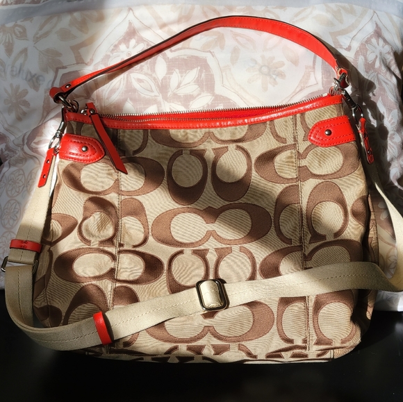 Coach Daisy Signature Convertible Hobo Purse F24062 Khaki Tan Coral Orange - Picture 3 of 9
